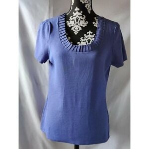 Cable & Gauge‎ Women Knit Ruffle Neck Short Sleeve Top Blouse Blue Size Large